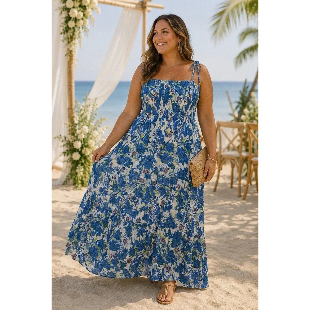 Hailey & Co Women's Plus Size 3X Blue Floral Smocked Tie-Strap Maxi Dress - Picture 1 of 8